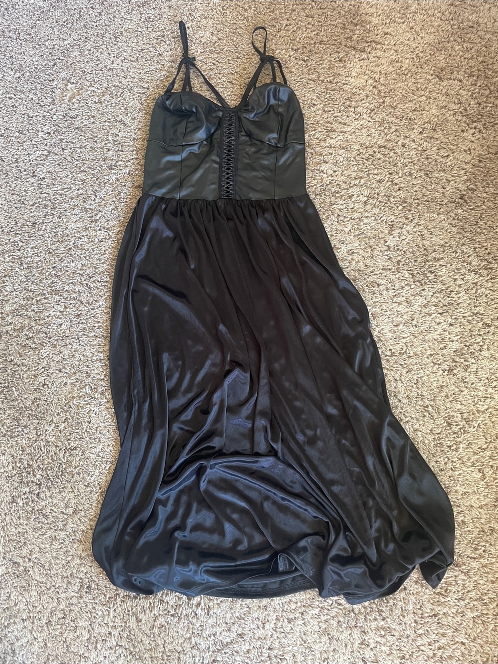 Satin Lace-Up Bust Black Slip Dress